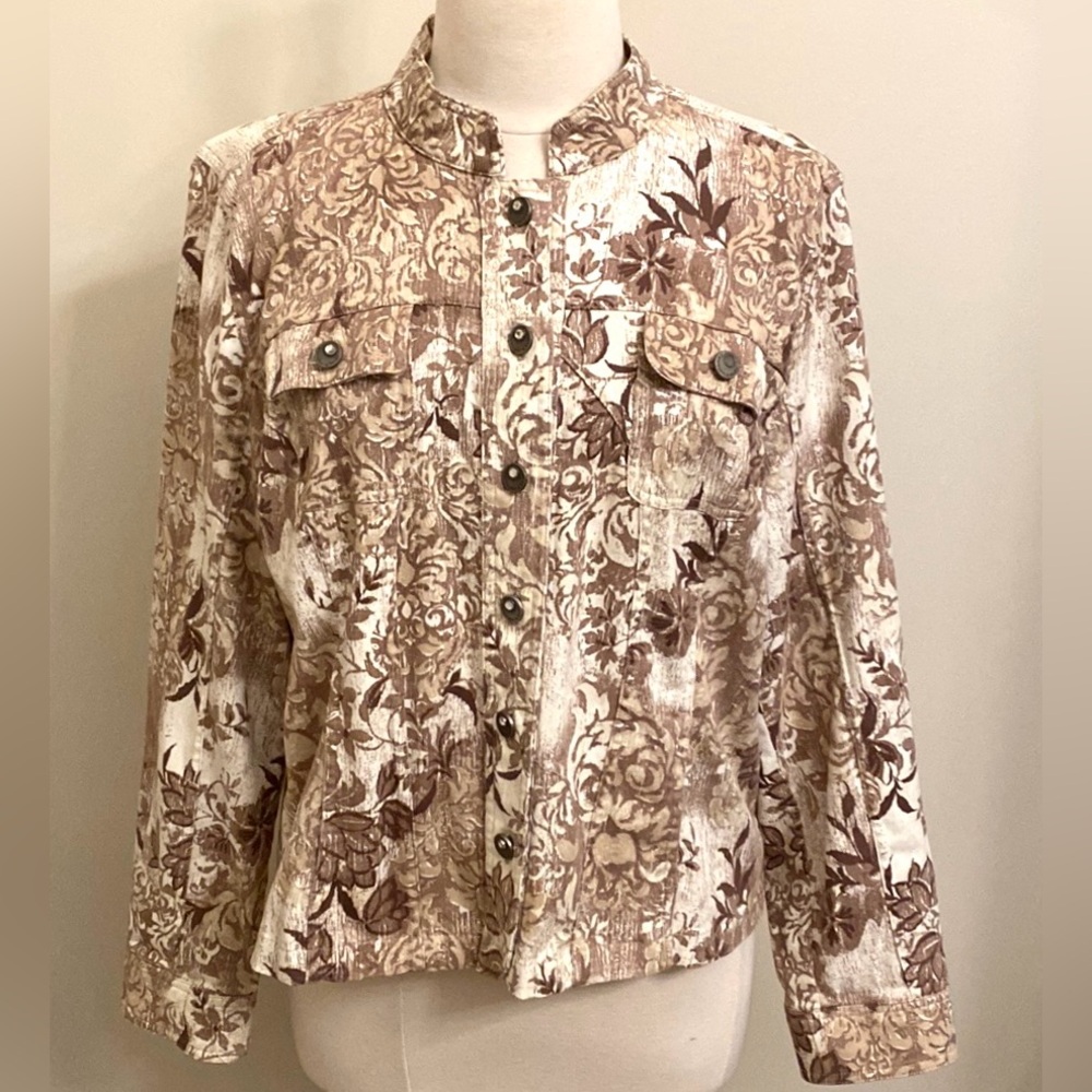 Christopher & Banks Stretch Tan Cream Floral XL Boho Shabby Chic Coastal Jacket